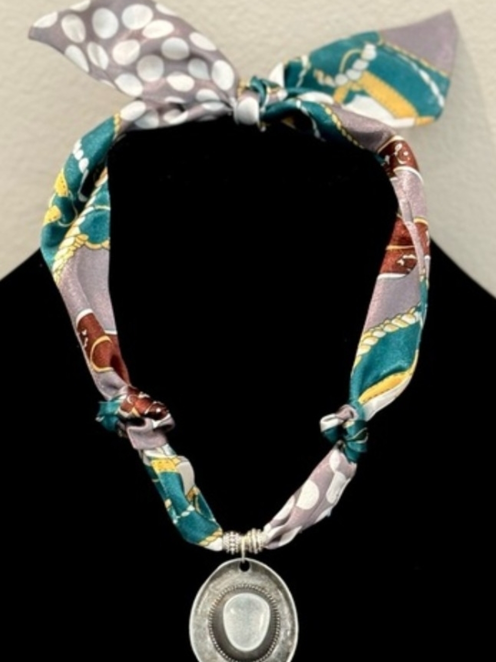 Silk-Style Teal & Gray Scarf Necklace with Silver Pendant